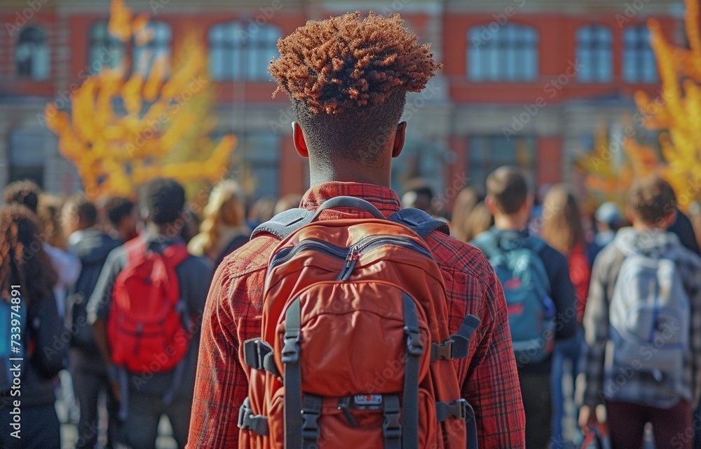 Fototapeta premium A black college student returning to class amid a large group of peers