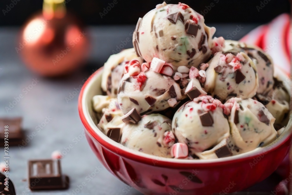 Peppermint bark ice cream, swirled with peppermint candy pieces and chocolate chunks Peppermint bark ice cream, swirled with peppermint candy pieces and chocolate chunks