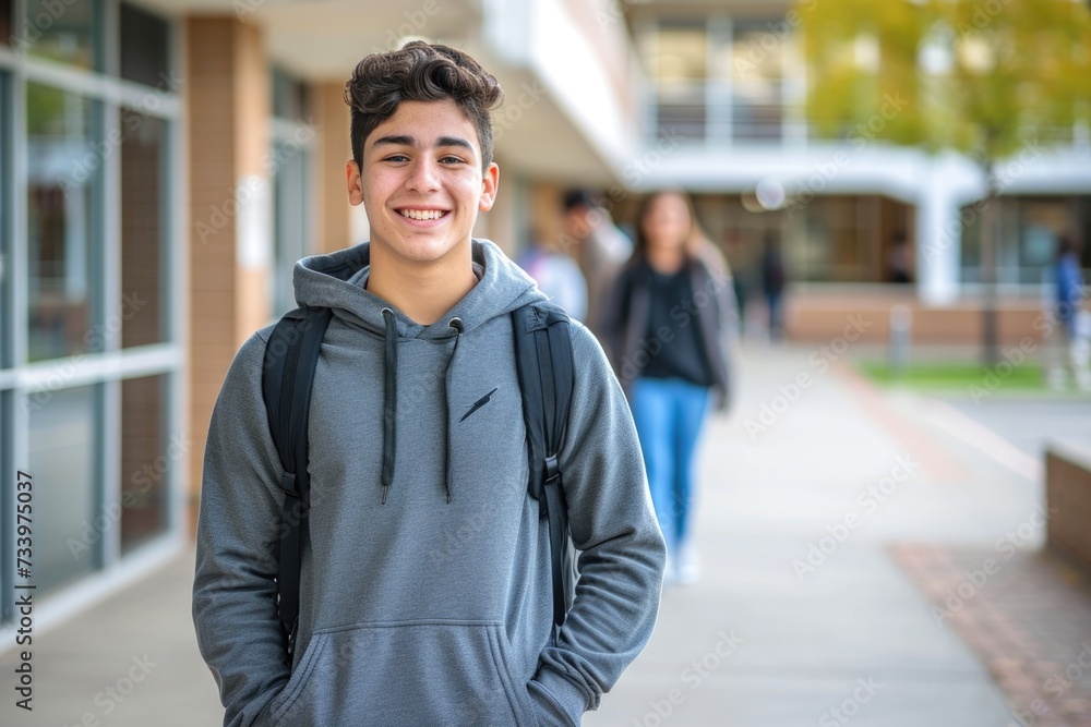 Smiling male student poses in high school campus. Smiling male student poses in high school campus.