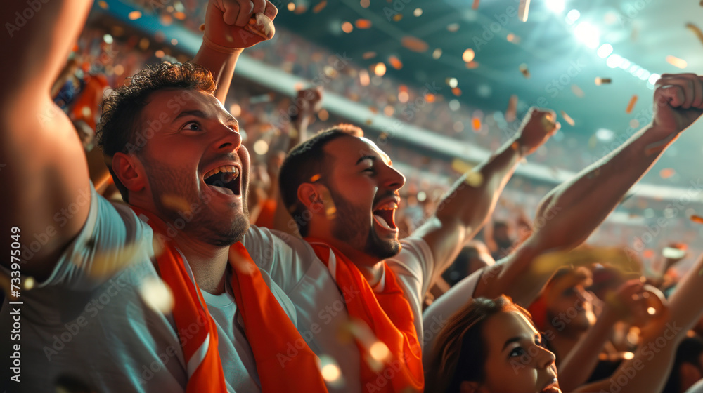 Group of fans are cheering for their team victory. Sport fans cheer and celebrating a winning tournament in stadium. People chanting and cheering for their soccer team. People watching football match Group of fans are cheering for their team victory. Sport fans cheer and celebrating a winning tournament in stadium. People chanting and cheering for their soccer team. People watching football match