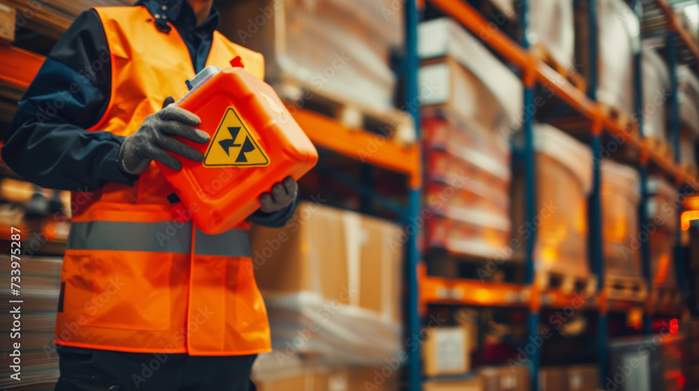Warehouse personnel show warning signs of hazardous substances in hand, indicating preparedness in emergency situations and preparations to prevent potential dangers. MSDS and safety chemical concept Warehouse personnel show warning signs of hazardous substances in hand, indicating preparedness in emergency situations and preparations to prevent potential dangers. MSDS and safety chemical concept