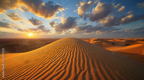 Sand dunes at sunset in the Wahiba Sands desert.