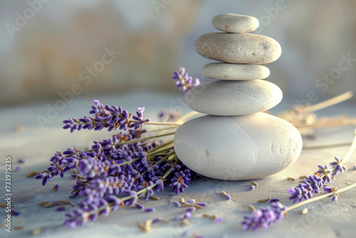 Spa still life with stack of stones and lavenders.