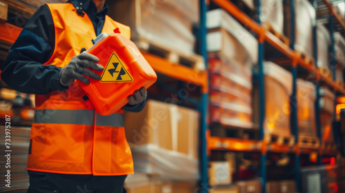 Warehouse personnel show warning signs of hazardous substances in hand, indicating preparedness in emergency situations and preparations to prevent potential dangers. MSDS and safety chemical concept photo