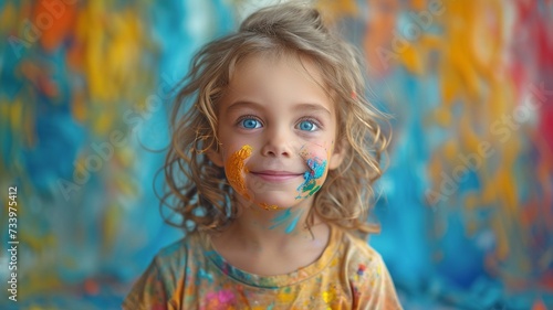 adorable child with paintbrush on backdrop of blue