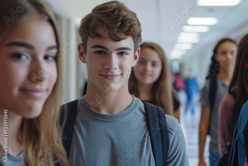 Teenagers in high school hallway.