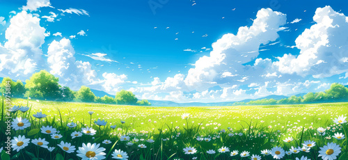 Serene Pastoral Landscape with Lush Green Meadow and Daisies under a Vibrant Blue Sky with Fluffy White Clouds, Illustration of Tranquil Nature