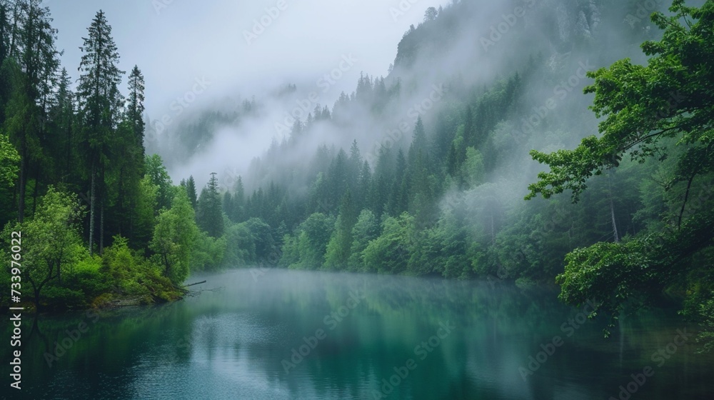 beautiful landscape with wild forest and river with fog