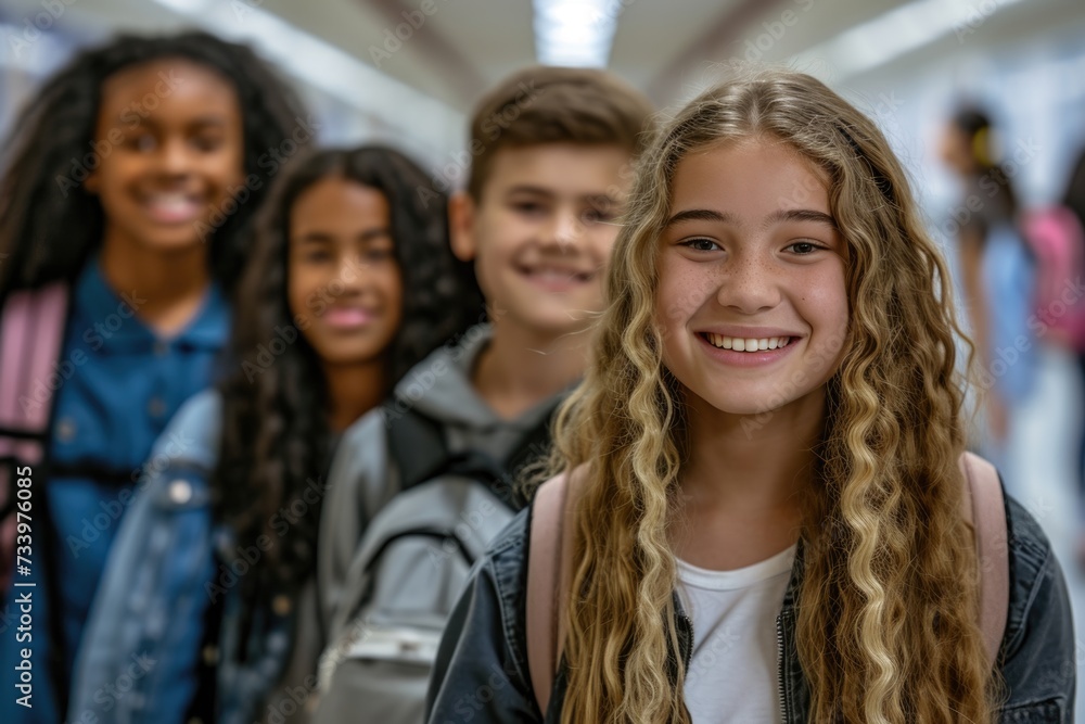 Smiling school teens in corridor.