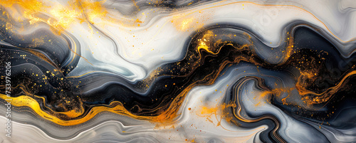 Elegant fluid art with swirling black, grey, and gold colors, creating an abstract marble effect that exudes luxury, sophistication, and artistic expression