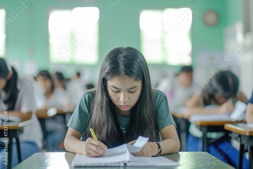 High school students undergo stressful classroom exams. photo