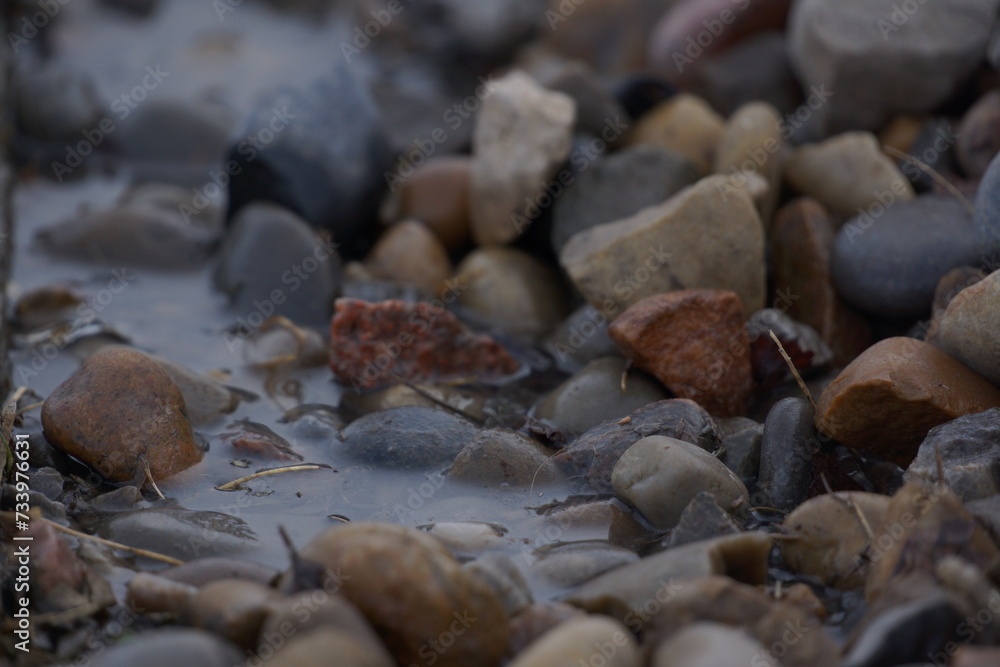 Macro of pile of multicoloured rocks with small puddle Macro of pile of multicoloured rocks with small puddle