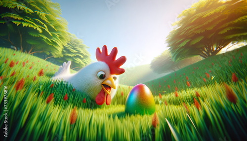 giant chicken with a surprised look at a colorful egg, set in a grass landscape photo