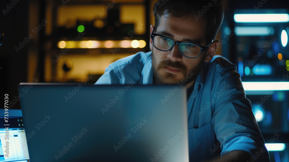 A focused man with glasses works intently on a laptop in a dimly lit office environment.