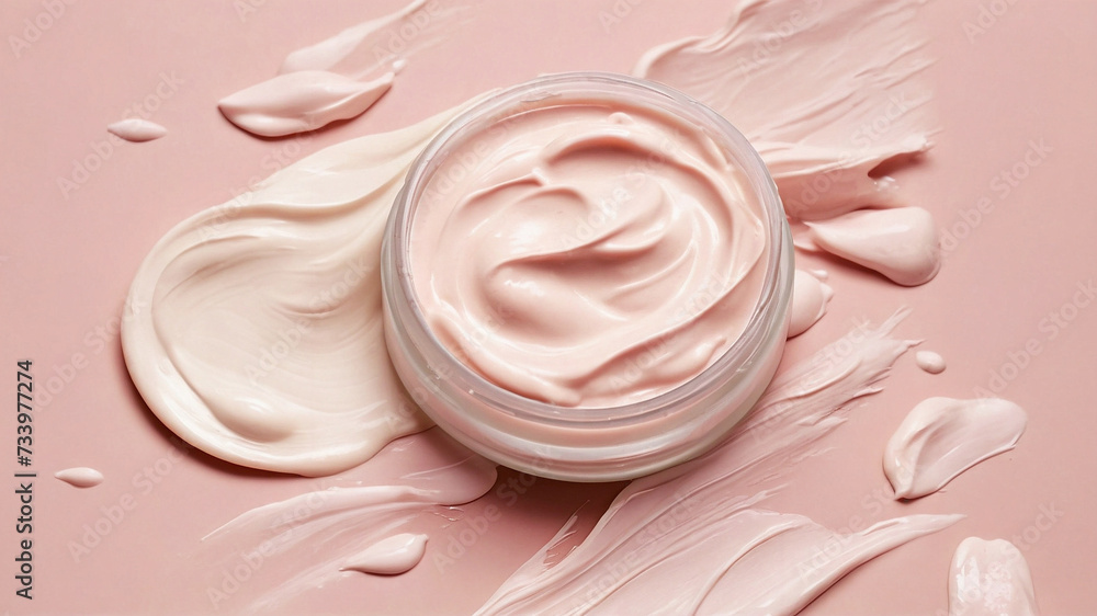 Cosmetic product with textures closeup on a pink background without logo. Cosmetic jar for face or body cream. Natural cosmetics for branding layout concept. Cosmetics and beauty .Generative AI Cosmetic product with textures closeup on a pink background without logo. Cosmetic jar for face or body cream. Natural cosmetics for branding layout concept. Cosmetics and beauty .Generative AI