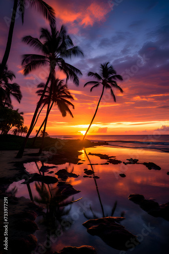Tropical beach at beautiful sunset with coconut palm tree. Nature background