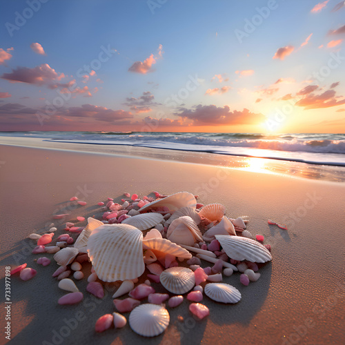 Sea shells on the sandy beach at sunset. Beautiful seascape.