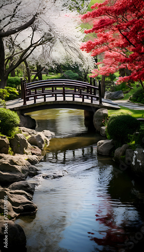 Japanese garden with pond and bridge   3D render