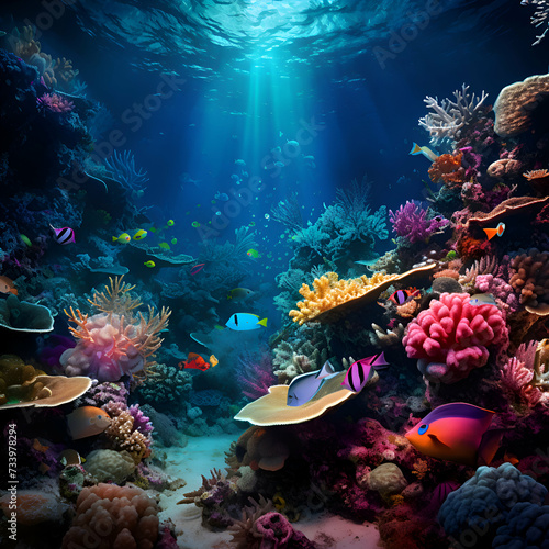 Tropical coral reef with fishes and corals. Underwater world.