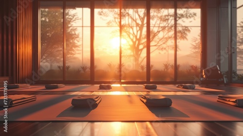 Calm yoga studio at sunrise mats laid out zen atmosphere photo