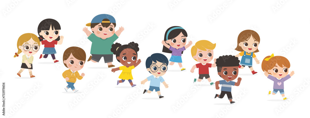 Happy Kids are walking on white background. Children's activities. Back to school.