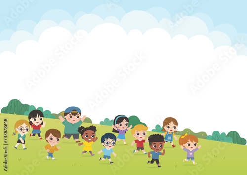 Happy Kids are walking on the park with cloud background. Children s activities.Template for advertising brochure.