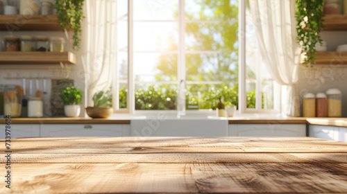 Beautiful Wooden countertop against a blurred kitchen counter with sunshine. For mounting a product display or visual design layout. Free product place. Mock up to display the product. photo