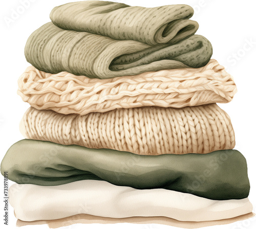 Stack of green and beige clothes. Generative AI.