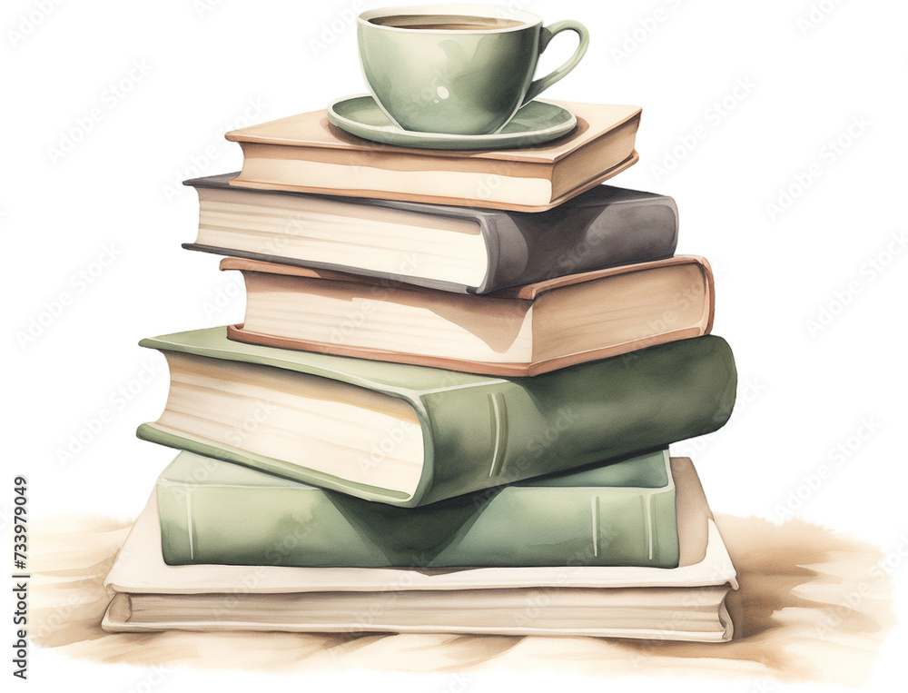 Stack of books and a green cup. Generative AI. Stack of books and a green cup. Generative AI.