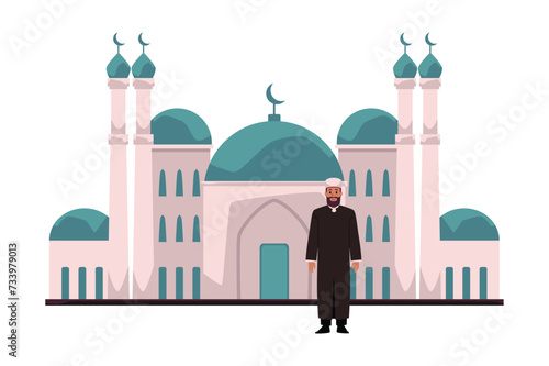 Mullah, Imam or Mufti on background mosque with crescent, vector Islamic religion, Ramadan Kareem prayer, Muslim culture