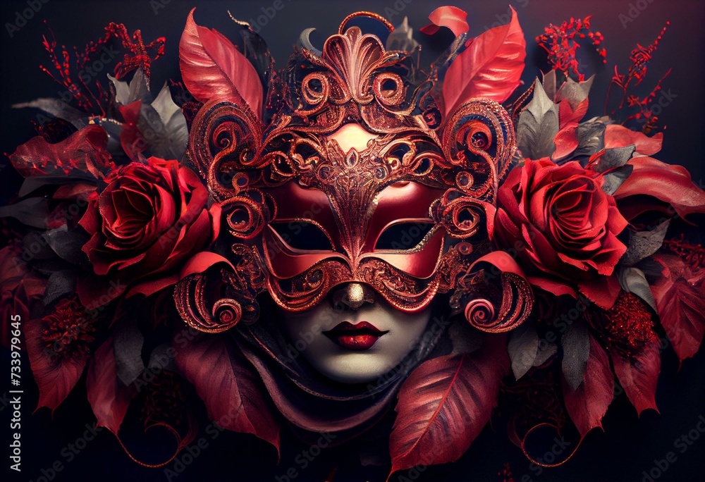 Mardi gras banner. Venetian Carnival mask red roses decoration. Generative AI