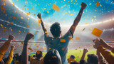 Excited sports fan celebrating the victory of his team standing up and rising his hands. People chanting and cheering for their soccer team. People watching football match. Concept of competition