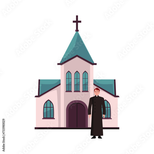 Christian Catholic church building and priest, monk, vector chapel building to hold funeral and wedding ceremonies