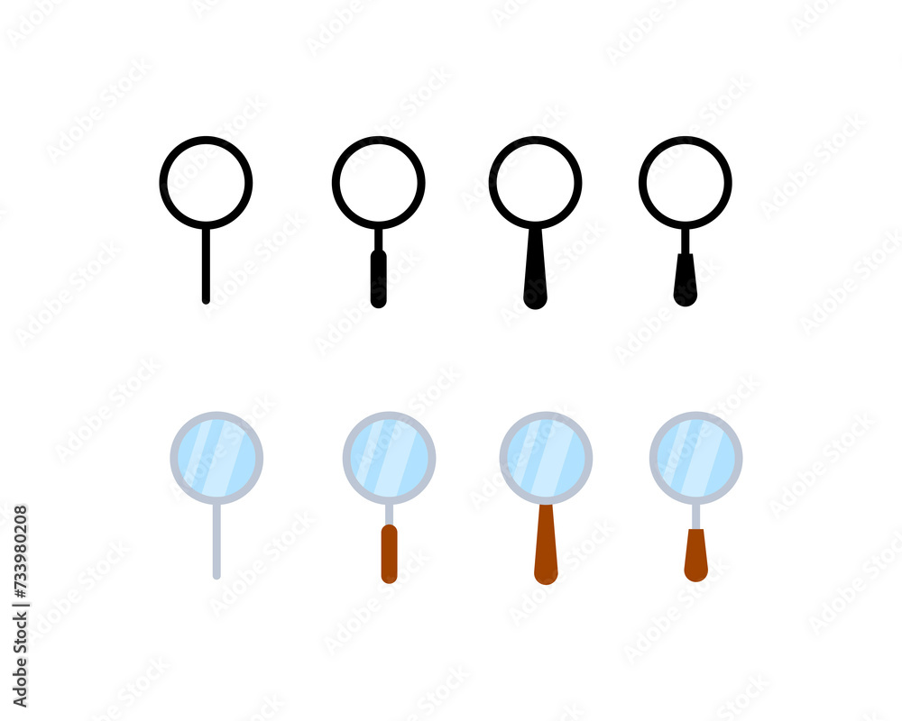 Magnifying glass icon set. Silhouette and flat style. Vector icons Magnifying glass icon set. Silhouette and flat style. Vector icons