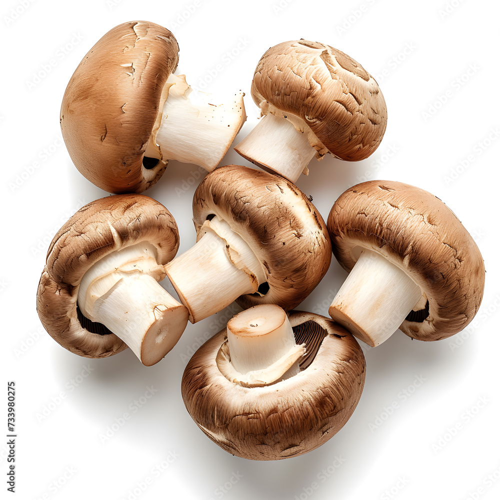 Set of fresh whole and sliced champignon mushrooms isolated on white background. Top view Set of fresh whole and sliced champignon mushrooms isolated on white background. Top view
