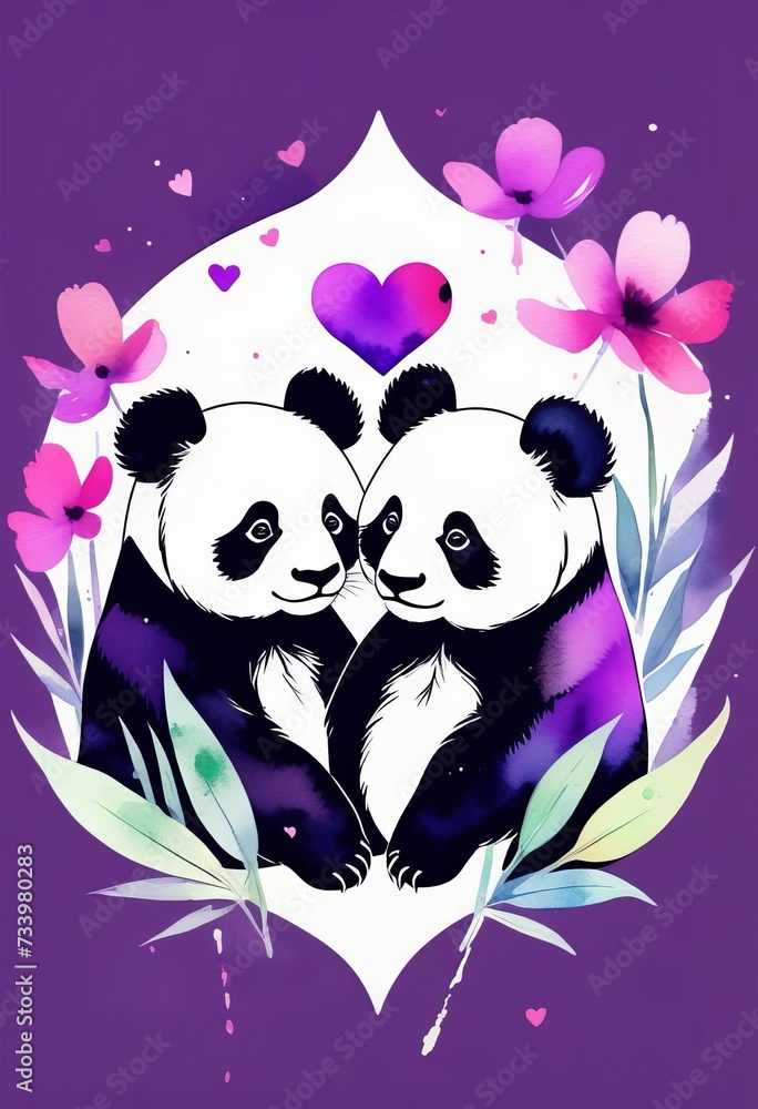 Fototapeta premium Two cute Cartoon Pandas on a beige background