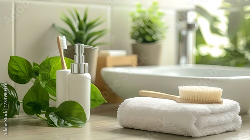 Eco-friendly bathroom essentials on a wooden countertop. greenery in interior design scene. sustainable living home decor. AI