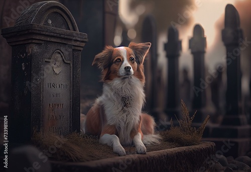 A dog sitting near a tombstone in a graveyard. Generative AI