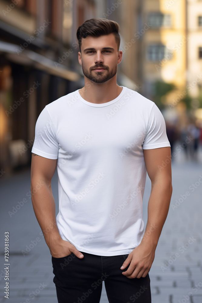 Plain white t-shirt mockup design. Portrait of men on urban background. Front view.