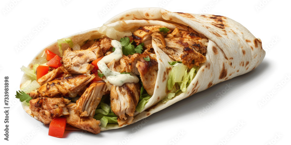 Chicken Shawarma Wrap with Fresh Herbs. Delicious chicken shawarma wrapped in a soft flatbread, garnished with onions, tomatoes, and fresh parsley. Chicken Shawarma Wrap with Fresh Herbs. Delicious chicken shawarma wrapped in a soft flatbread, garnished with onions, tomatoes, and fresh parsley.
