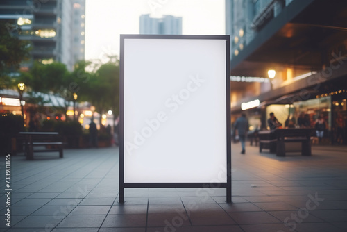 Blank white vertical digital billboard poster on city with skyscraper, people, mockup for advertisement, marketing photo
