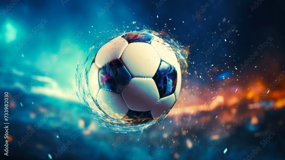Ice and fire soccer ball flying with energy and speed over the stadium field lights, red and blue lights on the background. penalty kick football flying towards the goal. Sport betting, football bet