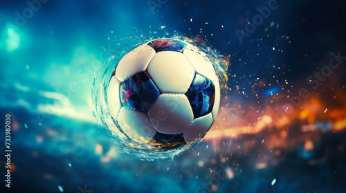 Ice and fire soccer ball flying with energy and speed over the stadium field lights, red and blue lights on the background. penalty kick football flying towards the goal. Sport betting, football bet