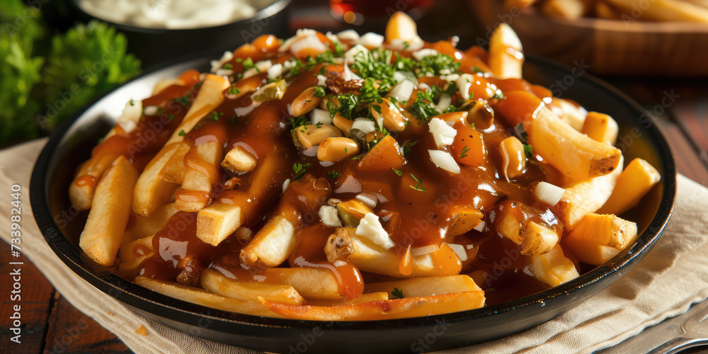 Classic Canadian Poutine with Cheese Curds and Gravy. Traditional