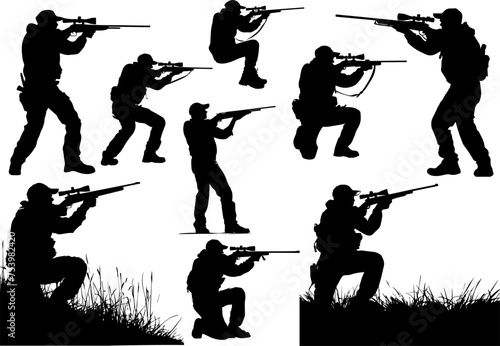 Hunter directs a rifle at a target. set of black icons. AI generated illustration. photo