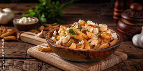 Classic Canadian Poutine with Cheese Curds and Gravy. Traditional Canadian poutine featuring crispy fries topped with cheese curds and rich brown gravy. photo
