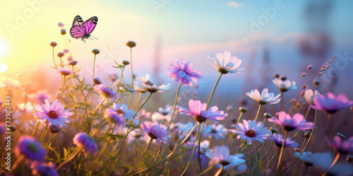wild flowers chamomile  purple wild peas  butterfly in morning haze in nature close-up macro. Landscape wide   copy space  cool blue tones. Delightful pastoral airy artistic