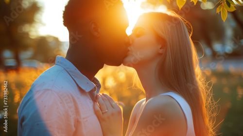 A young interracial couple shares a tender kiss against the golden hues of sunset, framed by the soft glow and serene park ambiance photo