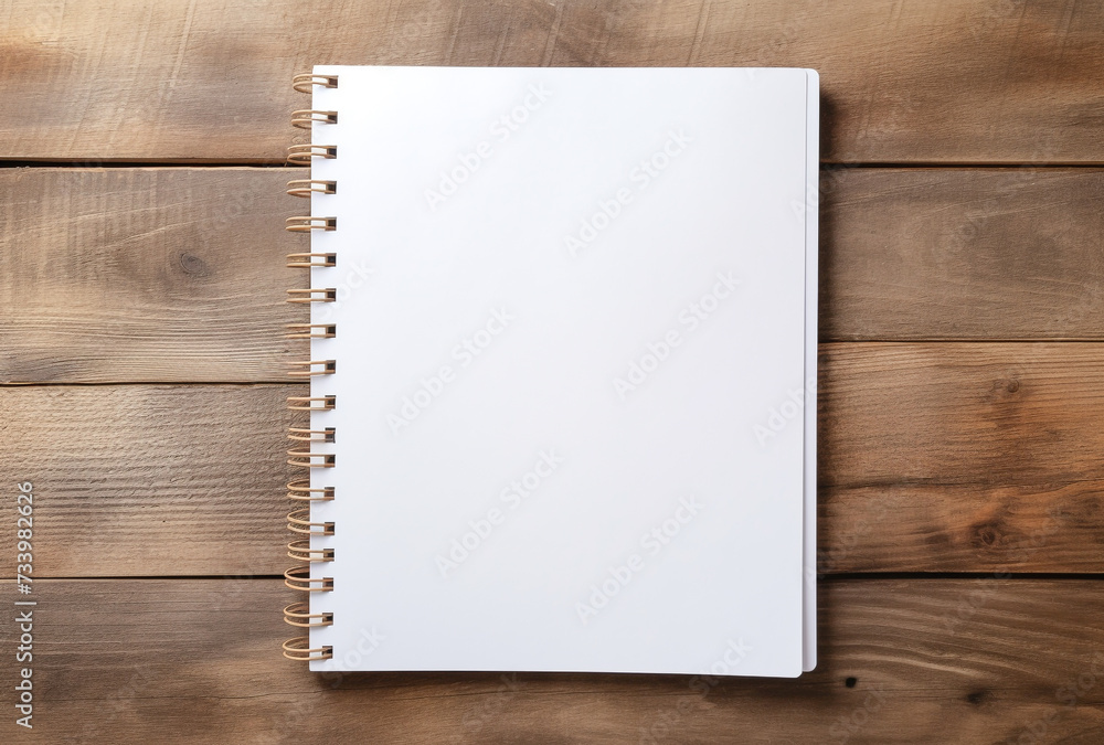 A closed spiral notebook with a black or dark blue cover rests on a wooden table. Space for text. A closed spiral notebook with a black or dark blue cover rests on a wooden table. Space for text.