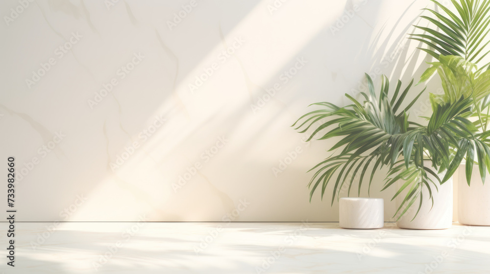 Minimalistic light background with blurred Monstera Deliciosa plant pot shadow on a light wall. Beautiful background for presentation with with marble floor Minimalistic light background with blurred Monstera Deliciosa plant pot shadow on a light wall. Beautiful background for presentation with with marble floor